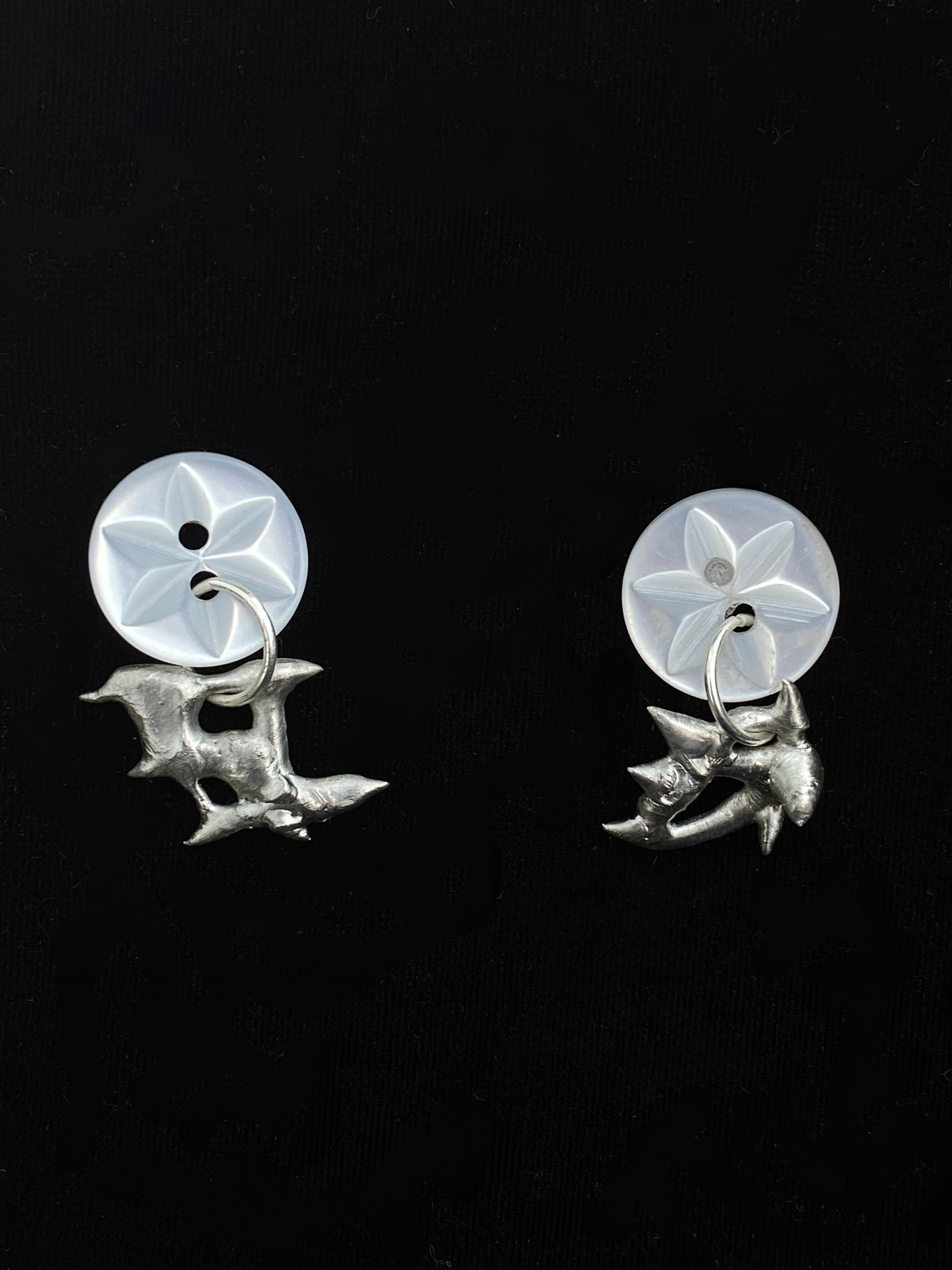 White vintage button stud earrings with sculptural soft solder drop